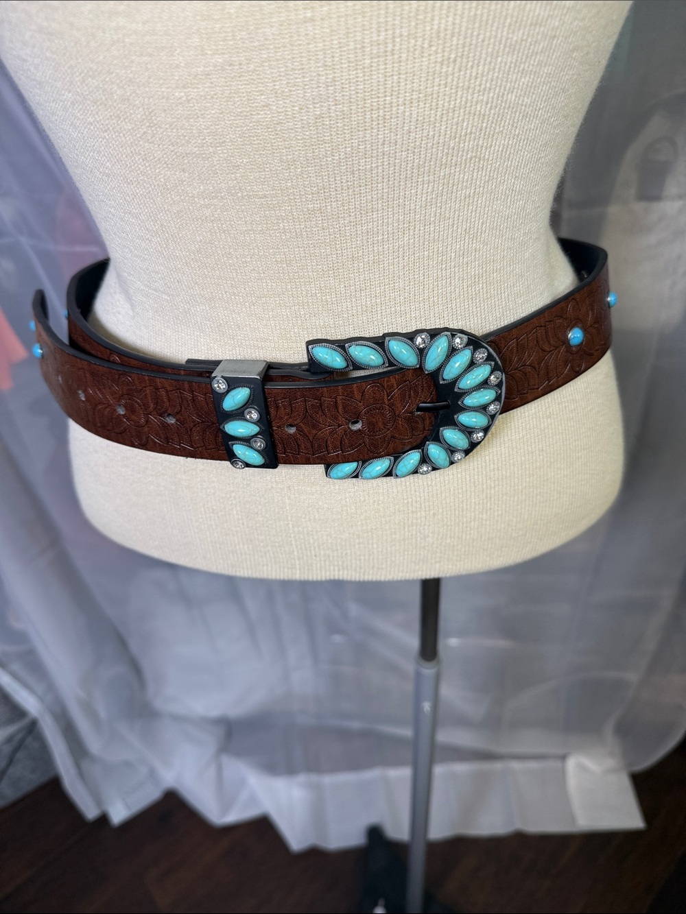 Turquoise Accent Brown PU Leather Belt with Decorative Buckle